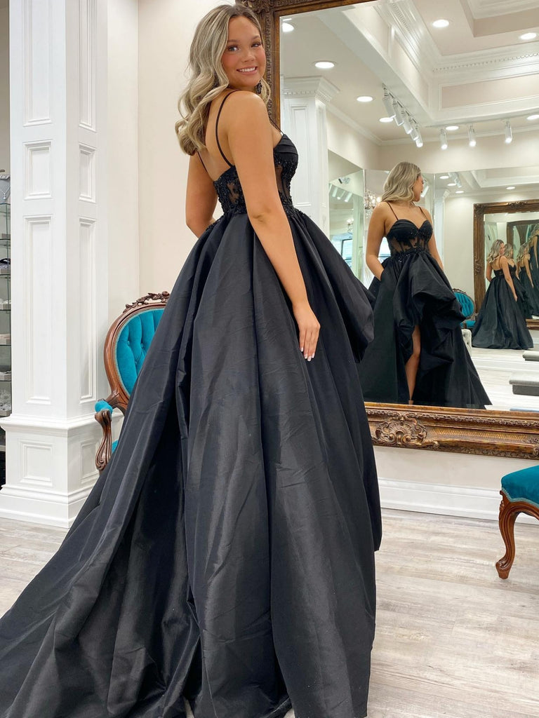 Sweetheart Neck High Low Black Long Prom Dresses, High Low Black Forma Shiny Party Sweetheart Neck High Low Black Long Prom Dresses, High Low Black Forma Shiny Party