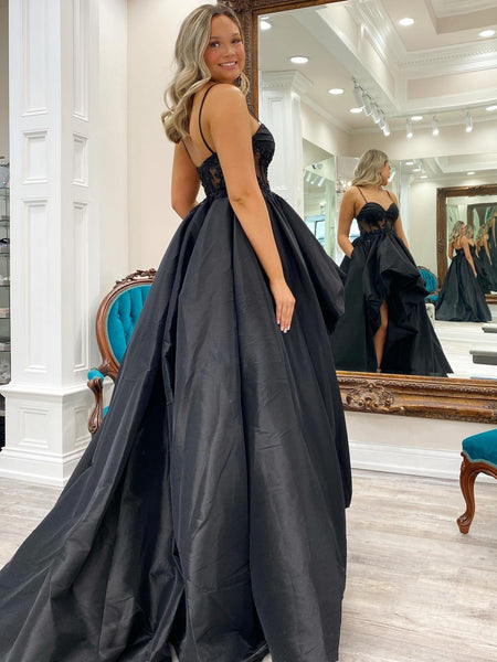 Sweetheart Neck High Low Black Long Prom Dresses, High Low Black Formal Dresses, Black Evening Dresses SP2585