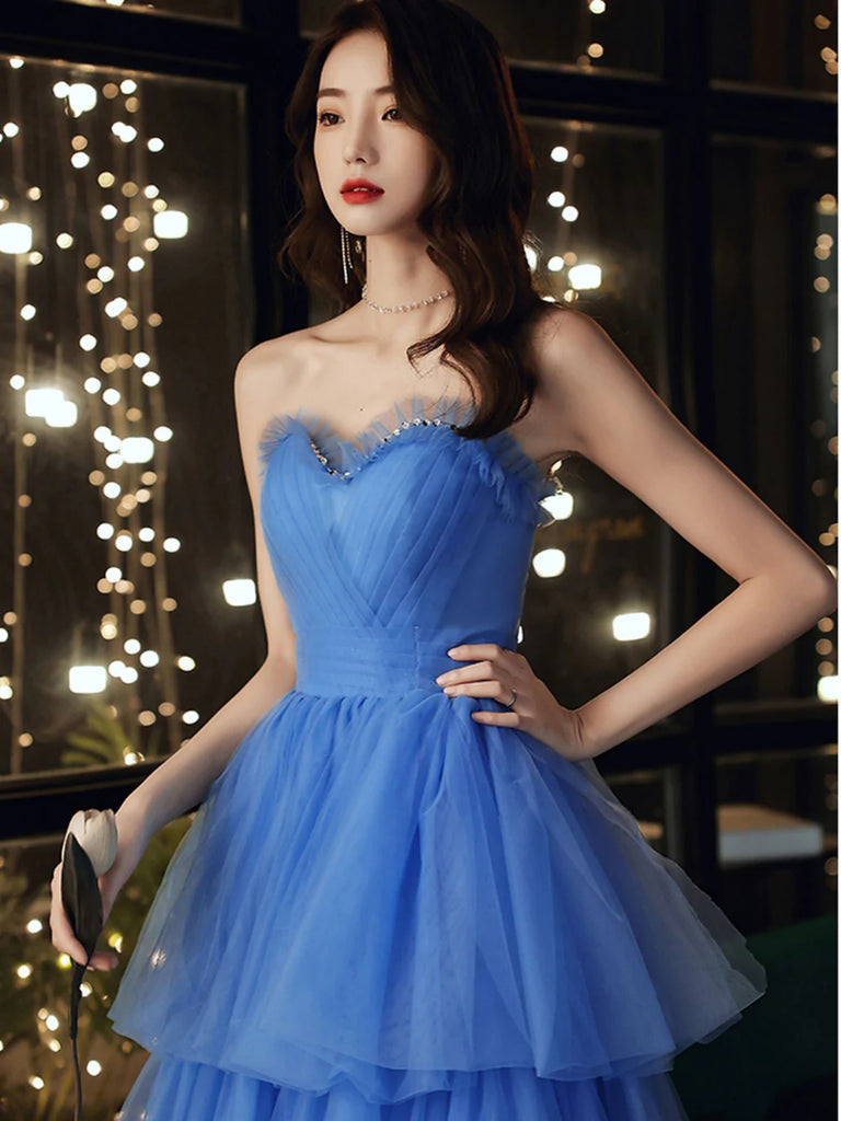 V Neck Shiny Sequins Blue Tulle Tea Length Prom Dress, Blue Tulle  Homecoming Dress, Short Blue Formal Evening Dress A1670