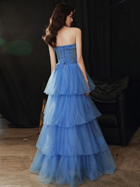 Sweetheart Neck Layered Blue Tulle Long Prom Dresses, Blue Tulle Formal Dresses, Blue Evening Dresses SP2507