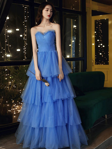 Sweetheart Neck Layered Blue Tulle Long Prom Dresses, Blue Tulle Formal Dresses, Blue Evening Dresses SP2507