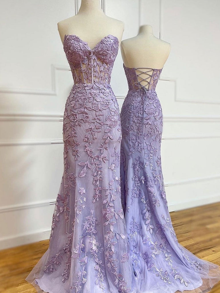 Sweetheart Neck Mermaid Purple Lace Long Prom Dresses, Purple Lace Formal Dresses, Mermaid Purple Evening Dresses SP2191