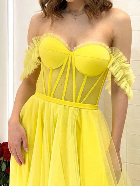 Sweetheart Neck Off Shoulder Yellow Tulle Long Prom Dresses, Long Yellow Formal Evening Dresses SP2596