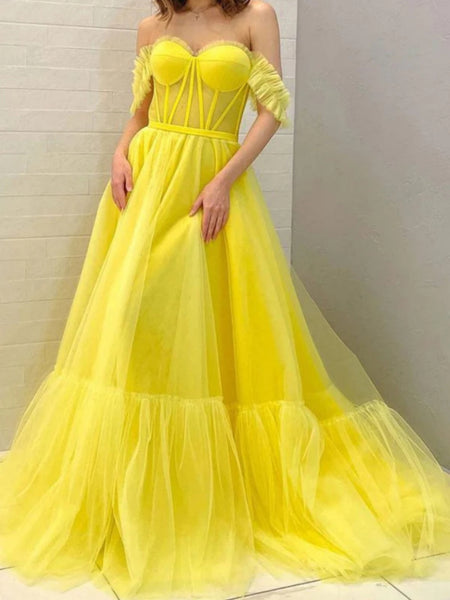Sweetheart Neck Off Shoulder Yellow Tulle Long Prom Dresses, Long Yellow Formal Evening Dresses SP2596