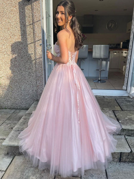 Sweetheart Neck Open Back Pink Lace Long Prom Dresses, Pink Lace Formal Dresses, Pink Evening Dresses SP2104