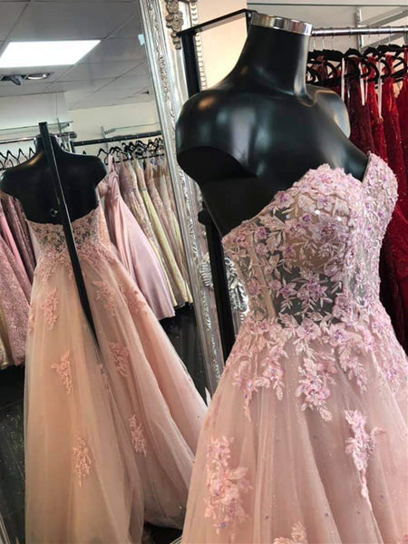 Sweetheart Neck Open Back Pink Lace Long Prom Dresses, Strapless Pink Lace Formal Dresses, Pink Lace Evening Dresses SP2152
