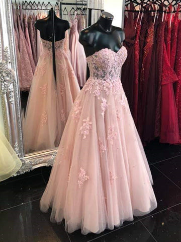 Sweetheart Neck Open Back Pink Lace Long Prom Dresses, Strapless Pink Lace Formal Dresses, Pink Lace Evening Dresses SP2152