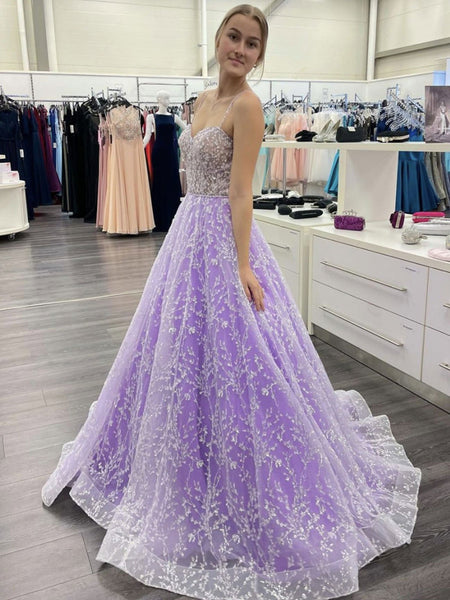 Sweetheart Neck Open Back Purple Lace Long Prom Dresses, Purple Lace Formal Dresses, Purple Evening Dresses SP2118