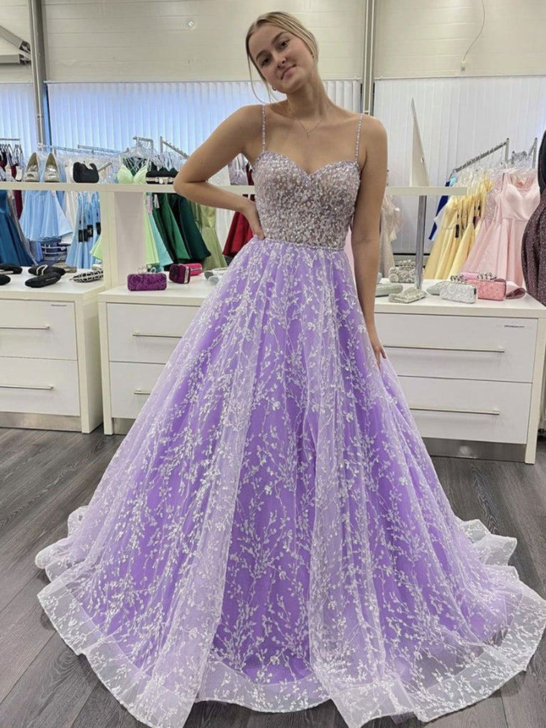 Sweetheart Neck Open Back Purple Lace Long Prom Dresses, Purple Lace F Shiny Party Sweetheart Neck Open Back Purple Lace Long Prom Dresses, Purple Lace F Shiny Party