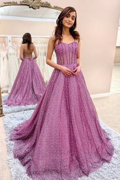Sweetheart Neck Open Back Purple Tulle Long Prom Dresses, Sparkly Purple Formal Evening Dresses SP2389