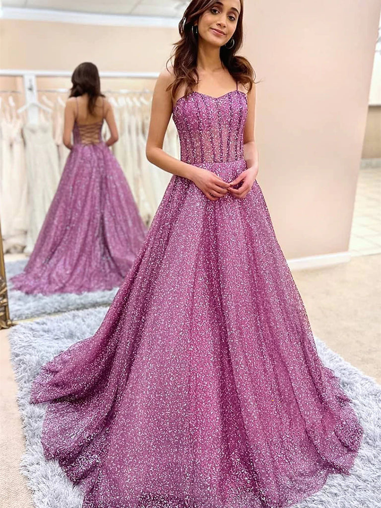 Sweetheart Neck Open Back Purple Tulle Long Prom Dresses, Sparkly Purple Formal Evening Dresses SP2389 Sweetheart Neck Open Back Purple Tulle Long Prom Dresses, Sparkly Purple Formal Evening Dresses SP2389