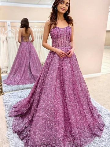 Sweetheart Neck Open Back Purple Tulle Long Prom Dresses, Sparkly Purple Formal Evening Dresses SP2389