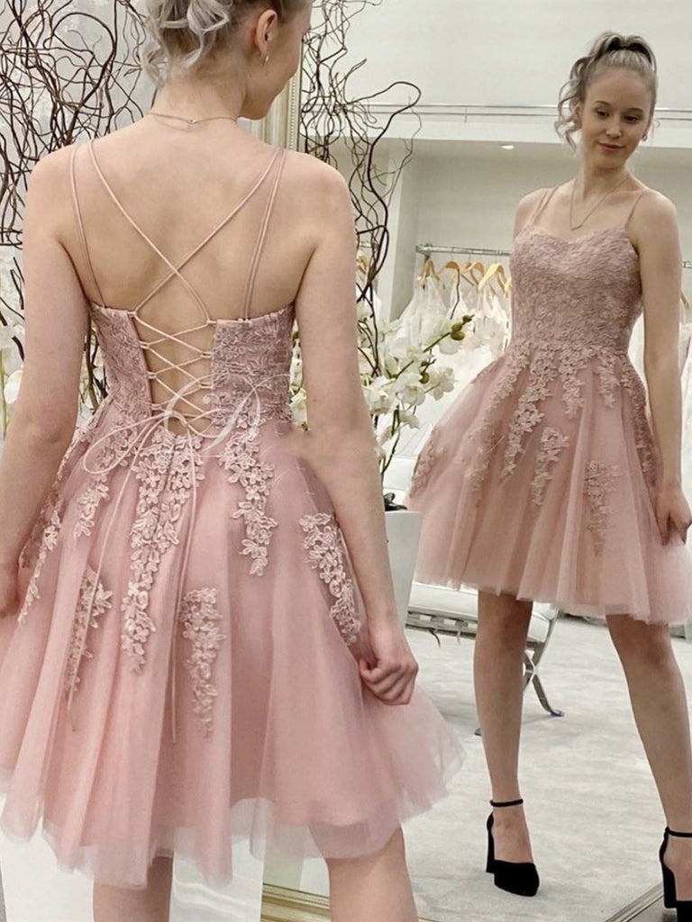 Sweetheart Neck Pink Lace Short Prom Dresses, Open Back Pink Lace Homecoming Dresses, Pink Lace Formal Evening Dresses