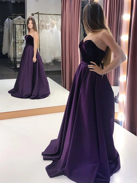 Sweetheart Neck Purple Satin Long Prom Dresses with Velvet Top, Long Purple Formal Graduation Evening Dresses SP2246