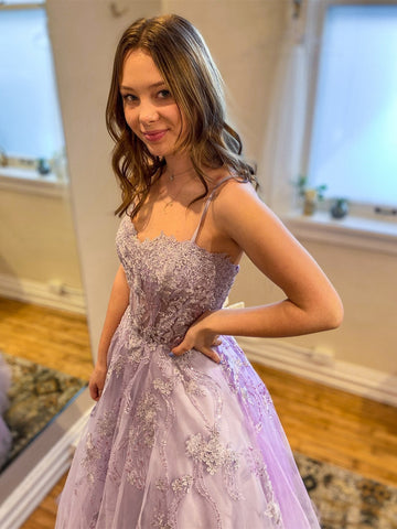 Sweetheart Neck Purple Tulle Lace Long Prom Dresses, Purple Lace Formal Dresses, Purple Evening Dresses SP2193
