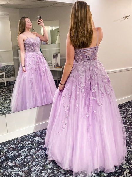Sweetheart Neck Purple Tulle Lace Long Prom Dresses, Purple Lace Formal Dresses, Purple Evening Dresses SP2193
