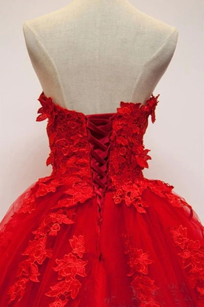 Sweetheart Neck Red Lace Appliques Long Prom Dresses, Red Lace Formal Dresses, Red Evening Dresses