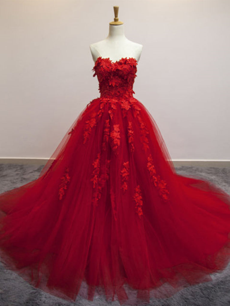 Sweetheart Neck Red Lace Appliques Long Prom Dresses, Red Lace Formal Shiny Party Sweetheart Neck Red Lace Appliques Long Prom Dresses, Red Lace Formal Shiny Party