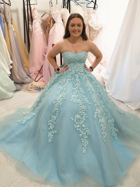 Sweetheart Neck Strapless Blue Lace Long Prom Dresses, Ice Blue Lace Formal Graduation Evening Dresses