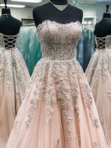 Sweetheart Neck Strapless Champagne Lace Long Prom Dresses, Champagne Lace Formal Dresses, Champagne Evening Dresses