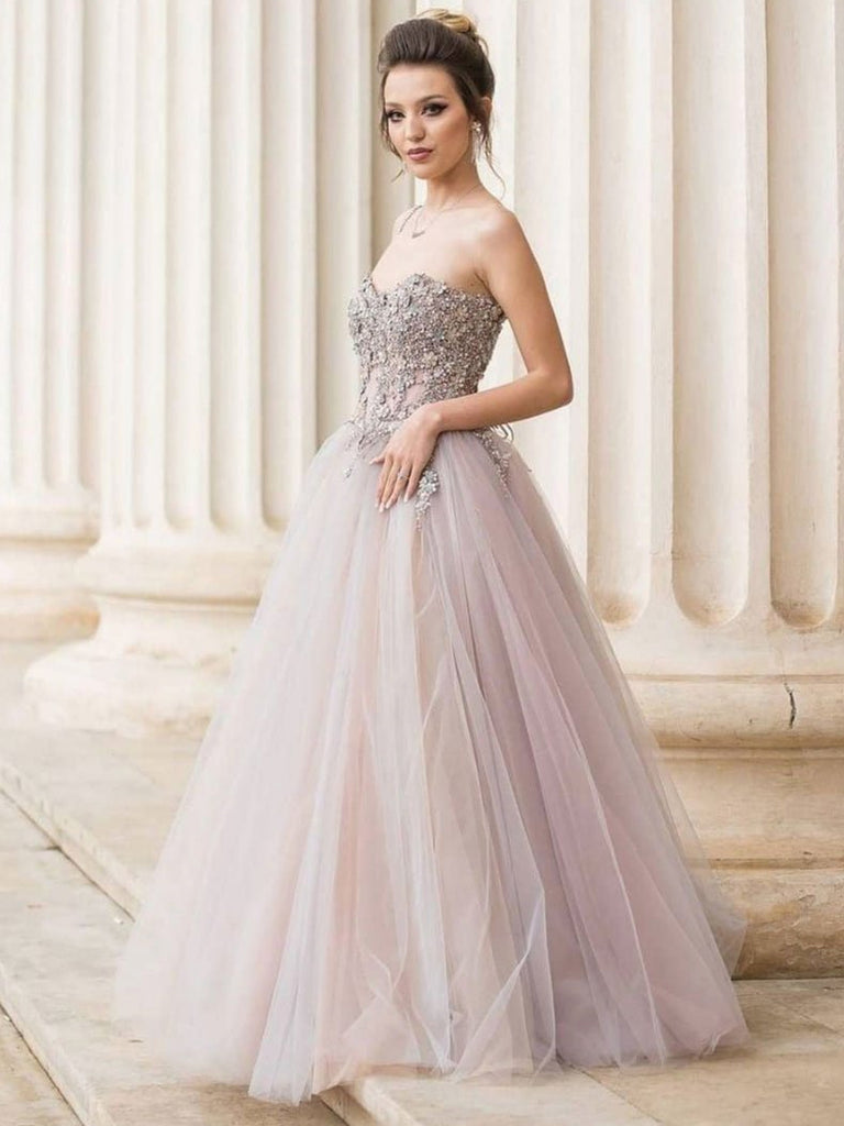 grey sweetheart neckline dress Grey Tulle A-line Sweetheart Neck Prom Dresses With Lace, Evening Dress, MP810