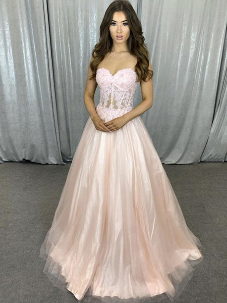 Sweetheart Neck Strapless Pink Lace Long Prom Dresses, Pink Lace Formal Dresses, Pink Evening Dresses