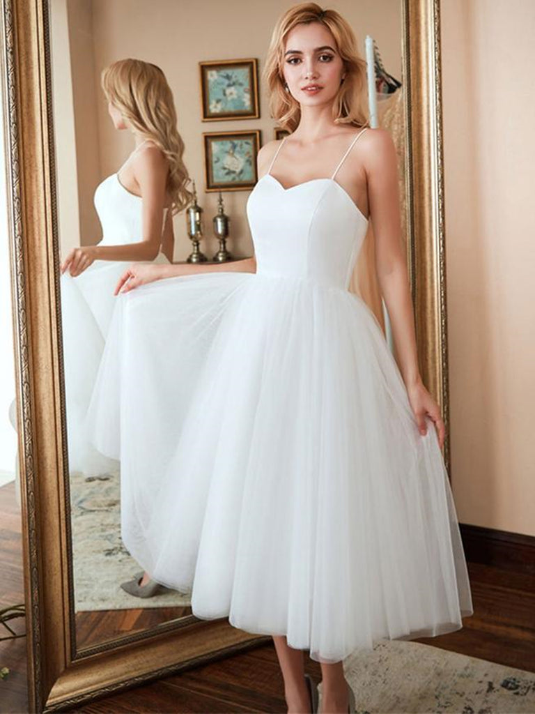 Sweetheart Neck Thin Straps White Tea Length Prom Dresses, Tea Length Shiny Party Sweetheart Neck Thin Straps White Tea Length Prom Dresses, Tea Length Shiny Party