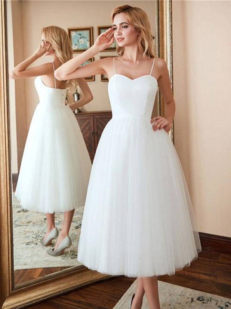 Sweetheart Neck Thin Straps White Tea Length Prom Dresses, Tea Length Shiny Party Sweetheart Neck Thin Straps White Tea Length Prom Dresses, Tea Length Shiny Party