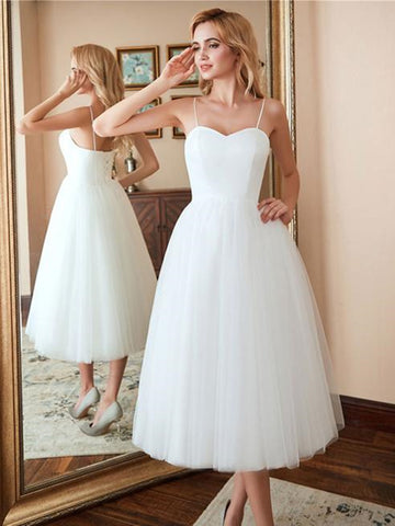 Sweetheart Neck Thin Straps White Tea Length Prom Dresses, Tea Length White Homecoming Dresses, White Formal Evening Dresses