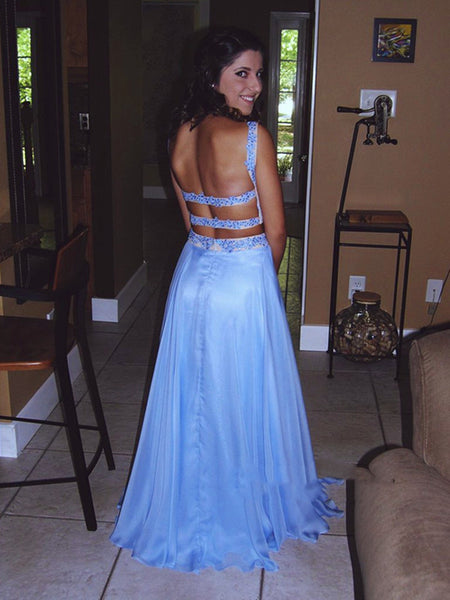 Sweetheart Neck Two Pieces Blue Lace Prom Dresses, Blue Lace Formal Dresses, Blue Evening Dresses