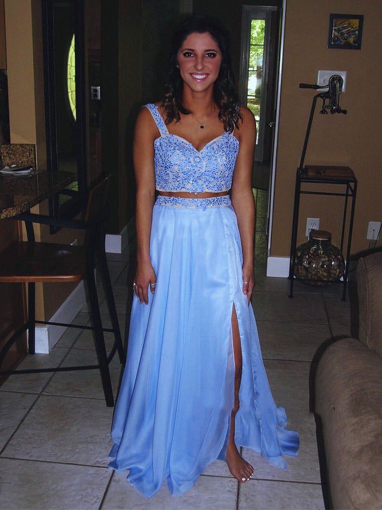 Sweetheart Neck Two Pieces Blue Lace Prom Dresses, Blue Lace Formal Dresses, Blue Evening Dresses