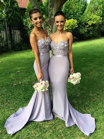 Sweetheart Neck Mermaid Strapless Sweep Train Lace Lavender Prom Dresses With Appliques, Lavender Bridesmaid Dresses, Formal Dresses