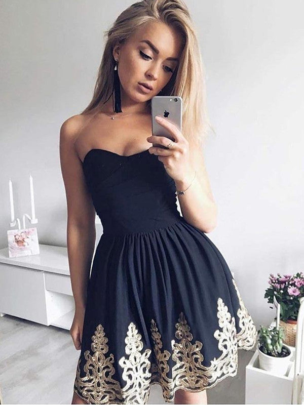 Sweetheart Neck Short Black Prom Dresses With Lace Appliques, Black Homecoming Dresses