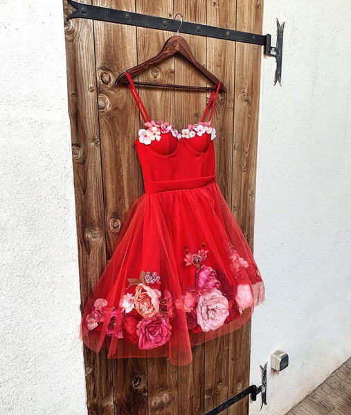 Sweetheart Neck Short Red 3D Floral Prom Dresses, Short Red Floral Formal Homecoming Dresses