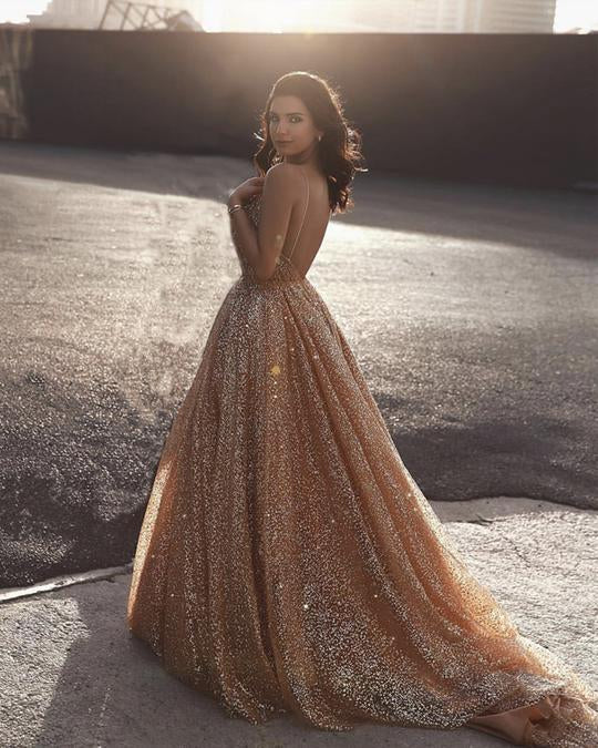 Sweetheart Neck Spaghetti Straps Backless Sparkly Gold Sequins Prom Dr Shiny Party Sweetheart Neck Spaghetti Straps Backless Sparkly Gold Sequins Prom Dr Shiny Party
