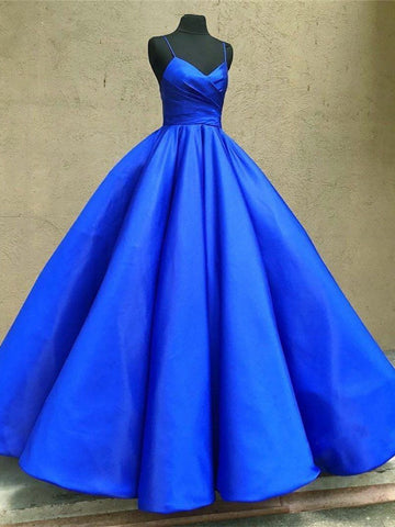 Sweetheart Neck Spaghetti Straps Royal Blue Satin Long Prom Dresses, Royal Blue Ball Gown, Formal Dresses