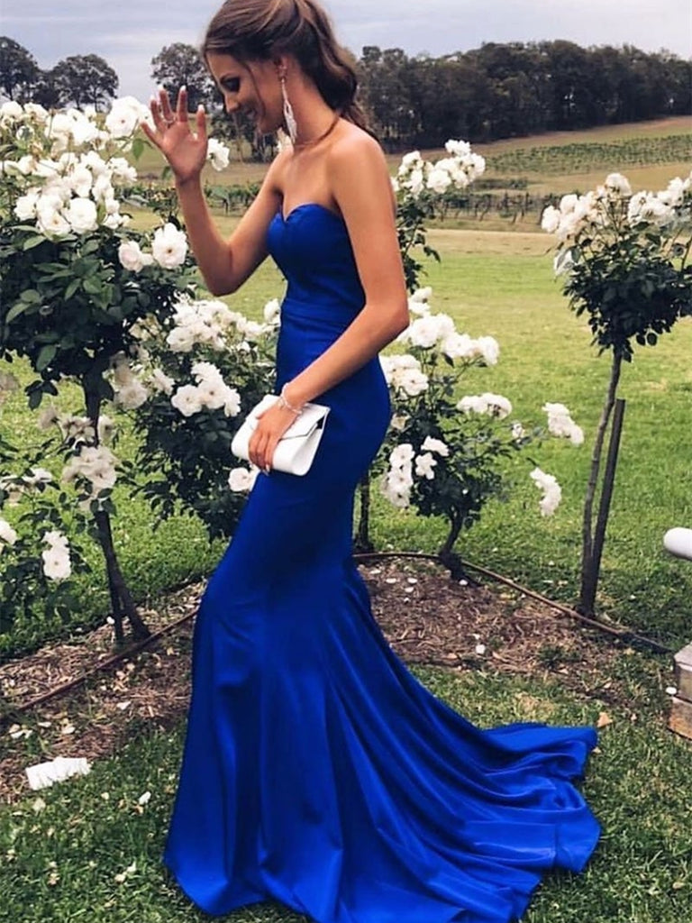 Sweetheart Neck Strapless Mermaid Royal Blue Long Prom Dresses, Strapl –  Shiny Party