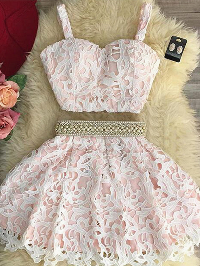Sweetheart Neck Two Pieces Lace Pink Homecoming Dresses Short Prom Dresses, 2 Piece Pink Formal Dresses, Pink Lace Graduation Dresses, Evening Dresses