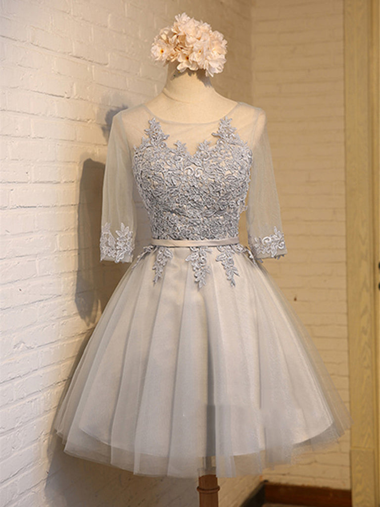 A Line Round Neck Short Gray/Pink Lace Prom Dresses, Graduation Dresse Shiny Party A Line Round Neck Short Gray/Pink Lace Prom Dresses, Graduation Dresse Shiny Party