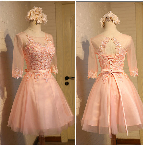 A Line Round Neck Short Gray/Pink Lace Prom Dresses, Graduation Dresses, Homecoming Dresses, Bridesmaid Dresses
