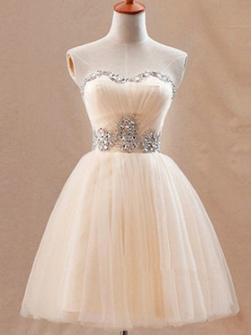 A Line Sweetheart Neck Champagne Prom Dresses, Short Champagne Bridesmaid Dresses, Graduation Dress, Homecoming Dress