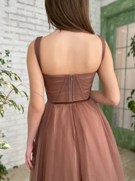 Tea Length Brown Tulle Prom Homecoming Dresses, Brown Formal Graduation Evening Dresses SP2481