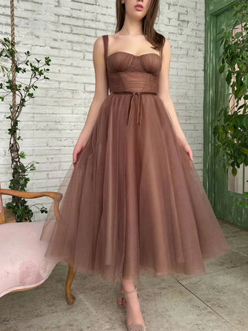 Tea Length Brown Tulle Prom Homecoming Dresses, Brown Formal Graduation Evening Dresses SP2481