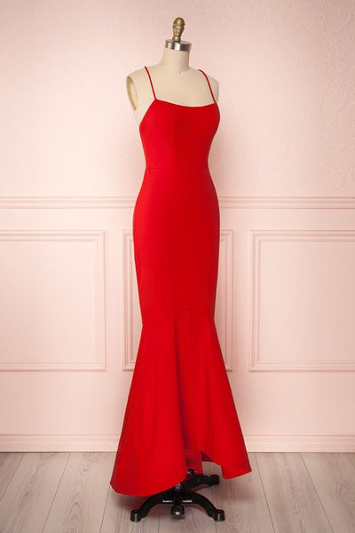Thin Straps Backless Mermaid Red Prom Dresses, Red Mermaid Formal Dresses, Backless Red Evening Dresses