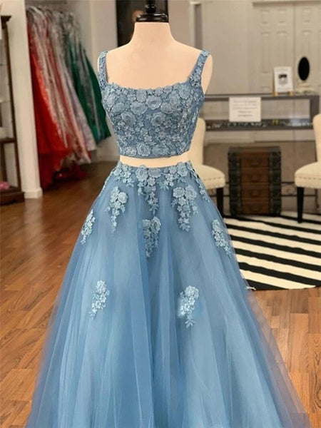 Two Piece Blue Lace Long Prom Dresses, 2 Piece Blue Formal Dresses, Blue Lace Evening Dresses