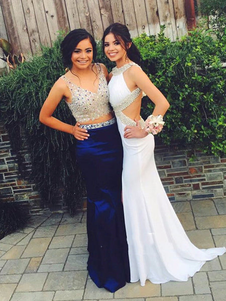 Two Pieces Beaded Mermaid Royal Blue Prom Dresses, Royal Blue Formal Dresses With Beadings