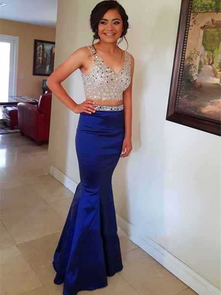 Two Pieces Beaded Mermaid Royal Blue Prom Dresses, Royal Blue Formal Dresses With Beadings