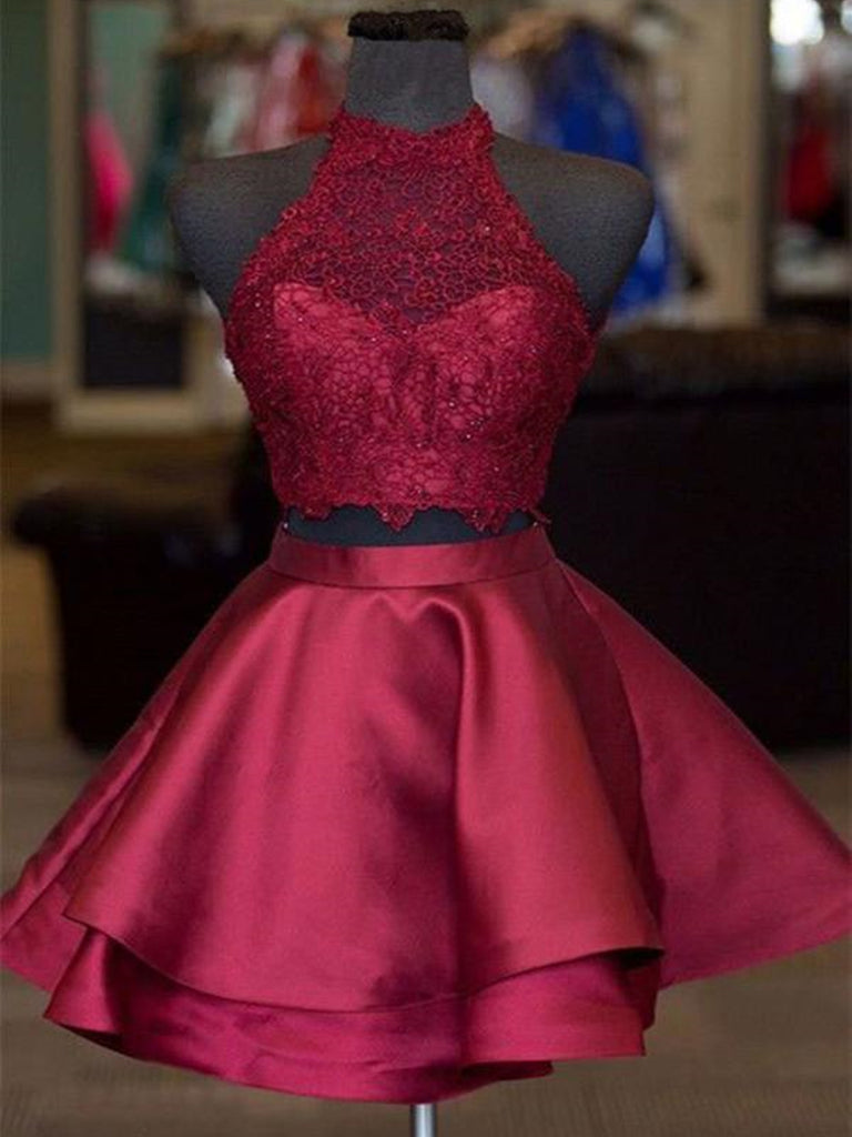 Two Pieces Burgundy Lace Short Prom Dresses, 2 Piece Burgundy Homecomi Shiny Party Two Pieces Burgundy Lace Short Prom Dresses, 2 Piece Burgundy Homecomi Shiny Party