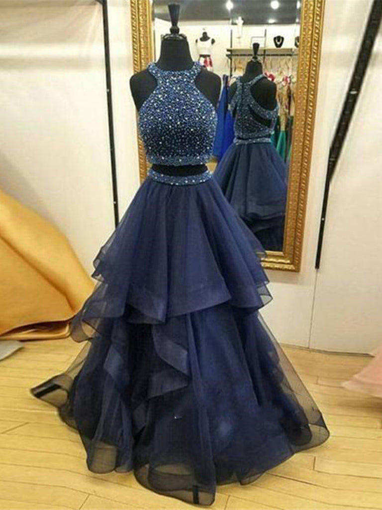Two Pieces Navy Blue Prom Dress, Two Pieces Navy Blue Prom Gown, Formal Dress