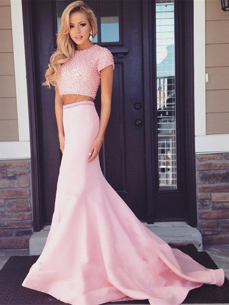 Two Pieces Pearl Beaded Short Sleeves Pink Prom Dresses, Mermaid Pink Shiny Party Two Pieces Pearl Beaded Short Sleeves Pink Prom Dresses, Mermaid Pink Shiny Party